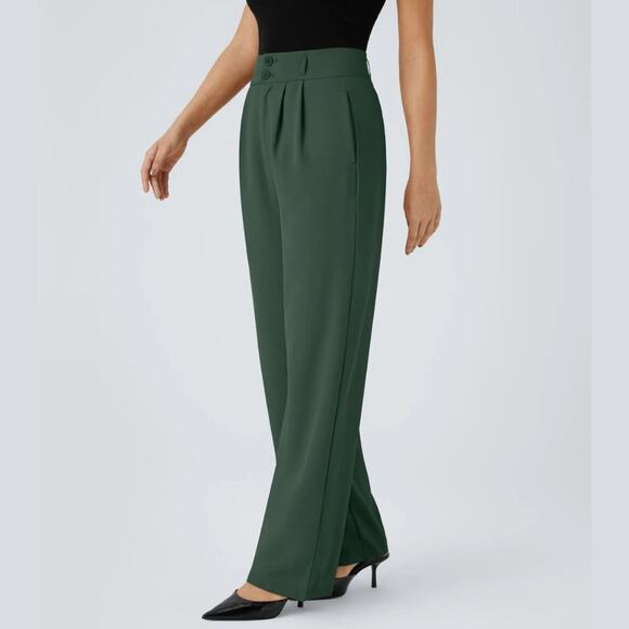 Halara Women High Waisted Zipper Pocket Shirred Straight Leg Work Pants Green L - Picture 1 of 5